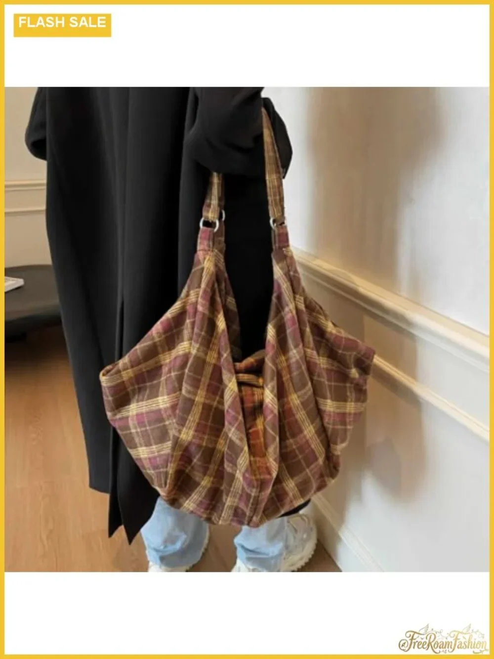 Woolen Plaid Tote Bag - Large Slouchy Hobo Shoulder Purse